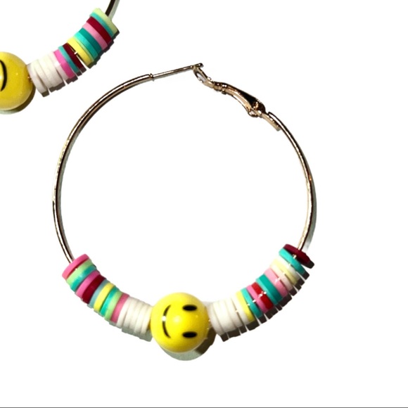 Oh Happy Day, Gold Hoop Smiley Face Colorful Beaded Earrings - Picture 6 of 11